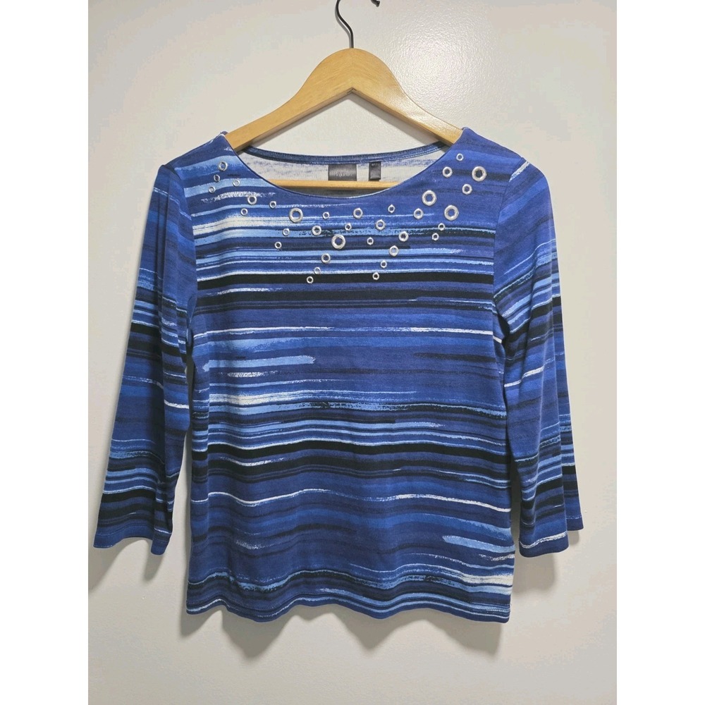Womens Rafaella  Blue Abstract Striped 3/4 Sleeve Stretchy Embroidered Top MP